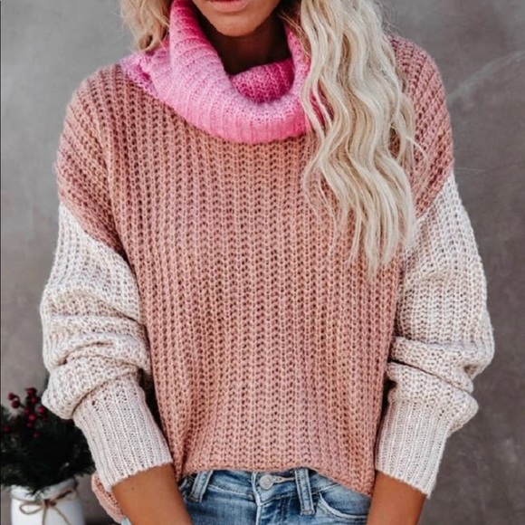 Sweaters - Pink Colorblock Cowl Neck Sweater S M L‎ XL